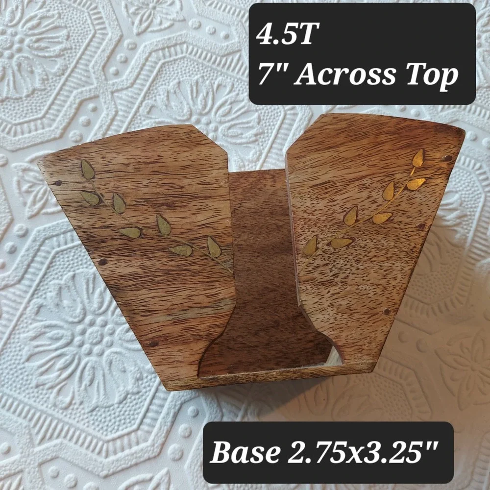 Handcrafted Wood Coffee Filter Holder Brass Leaf Inlay Rustic Kitchen Organizer